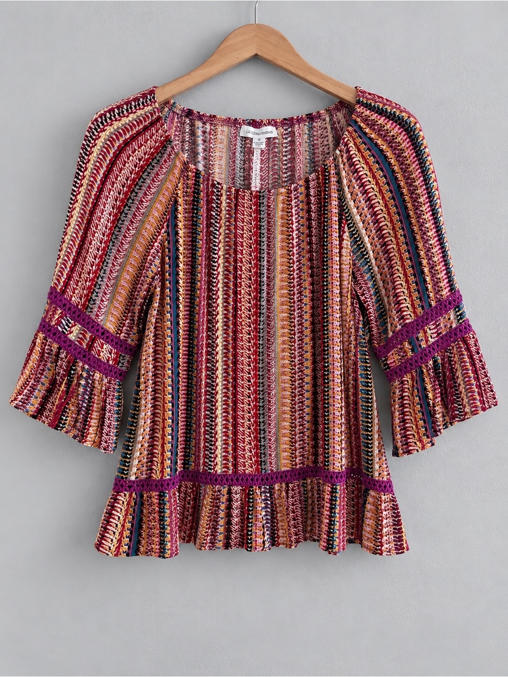 John Paul Richard Women’s M Boho Multicolor Stripe Bell Sleeve Ruffle Top Rayon